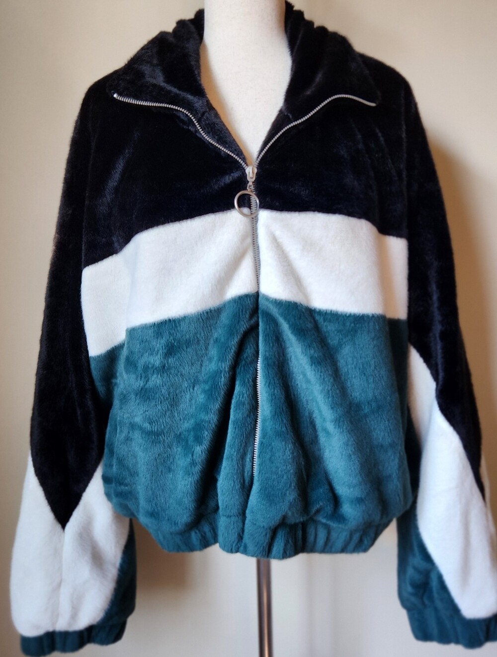 Forever 21 Colorblock Faux Fur Zip Jacket Teal Black White Plus Size 3X
